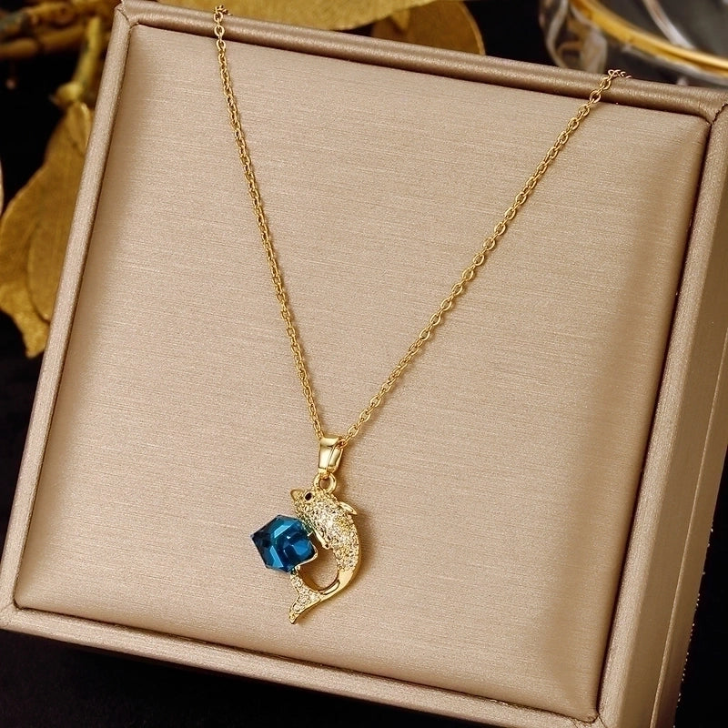Blue Dolfin Style Stainless Steel Plating Inlay Zircon Pendant Necklace