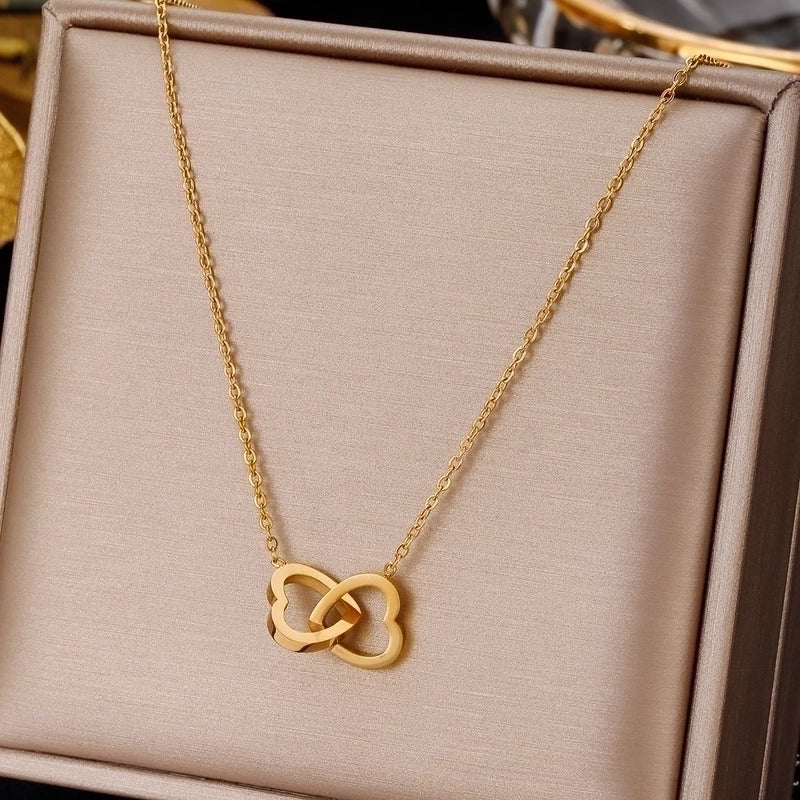 Double Love Heart Stainless Steel Plating Inlay Zircon Pendant Necklace Gold