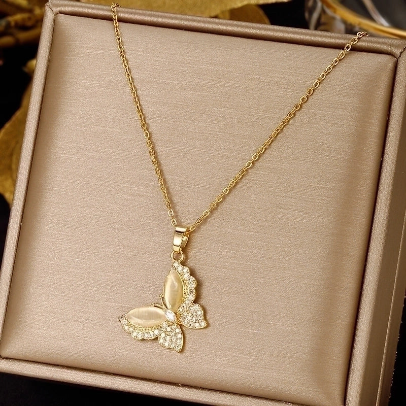 Freedom Butterfly Stainless Steel Plating Inlay Zircon Pendant Necklace Gold