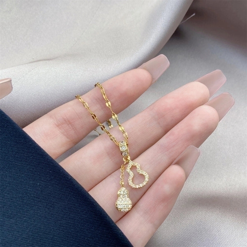 Double Dangling Stainless Steel Plating Inlay Zircon Pendant Necklace Gold