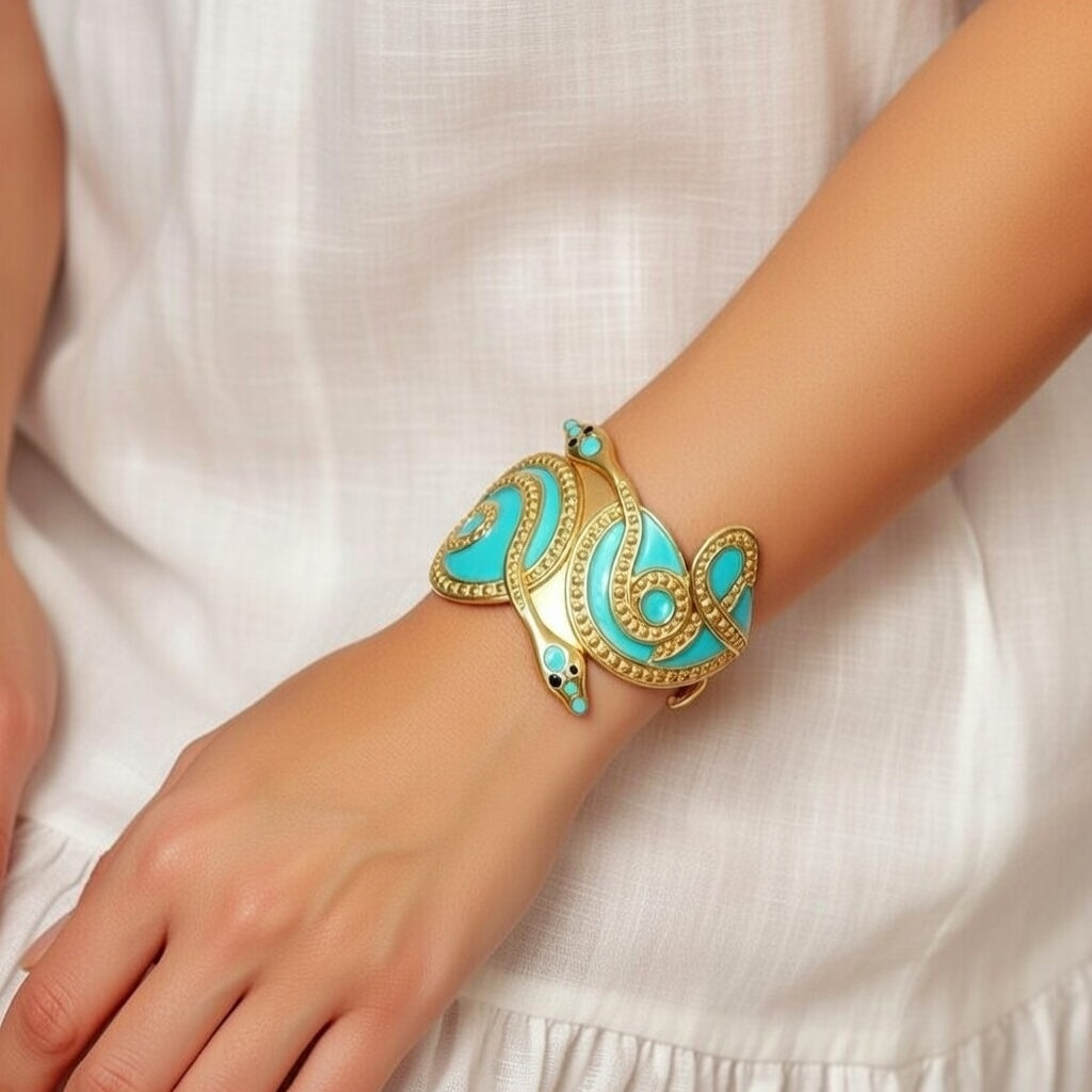 Caribbean Nights, Real Gold Plated Vacuum Electroplating, Turquoise/Gold Snake Shape Stainless Steel Bracelet