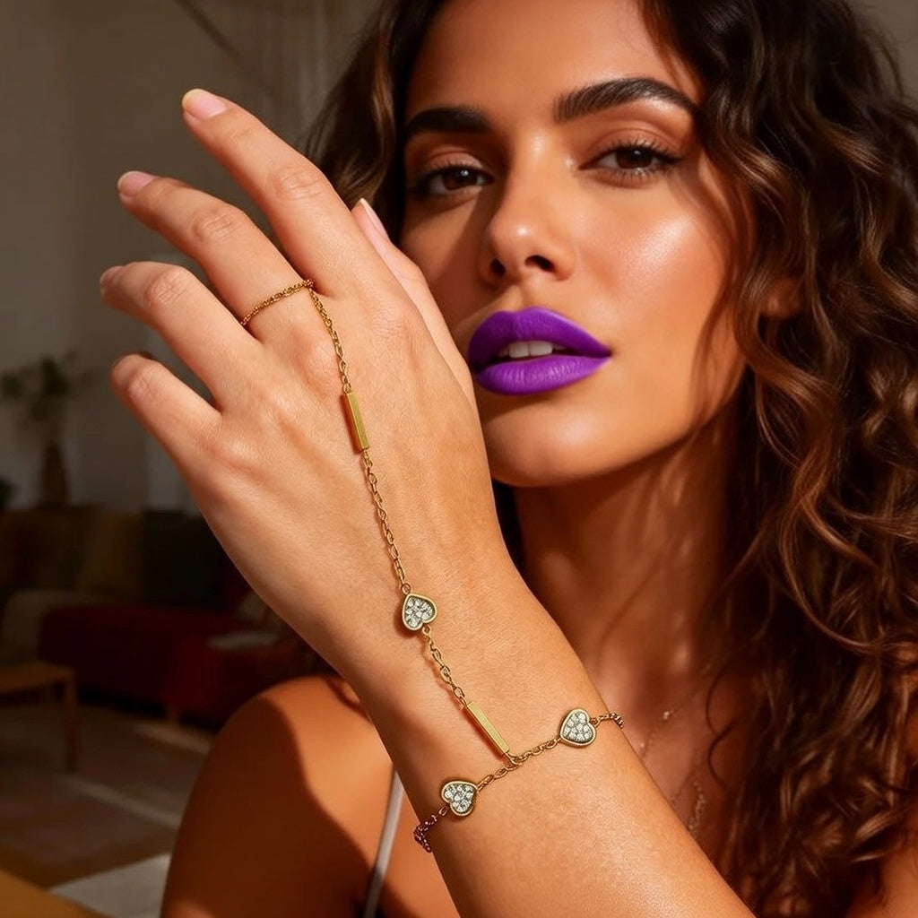 Heart-Shaped Full Diamond Geometric Line O-Chain, 18K Gold Plated, Stainless Steel Vacuum Electroplated Back Of Hand Bracelet Chain