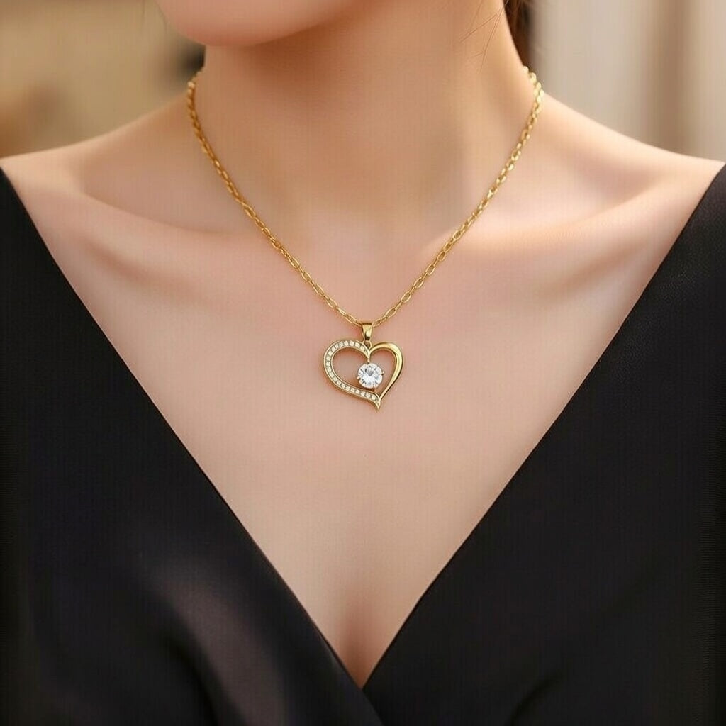 Heart Shape Stainless Steel Zircon Hollow Out Pendant Necklace