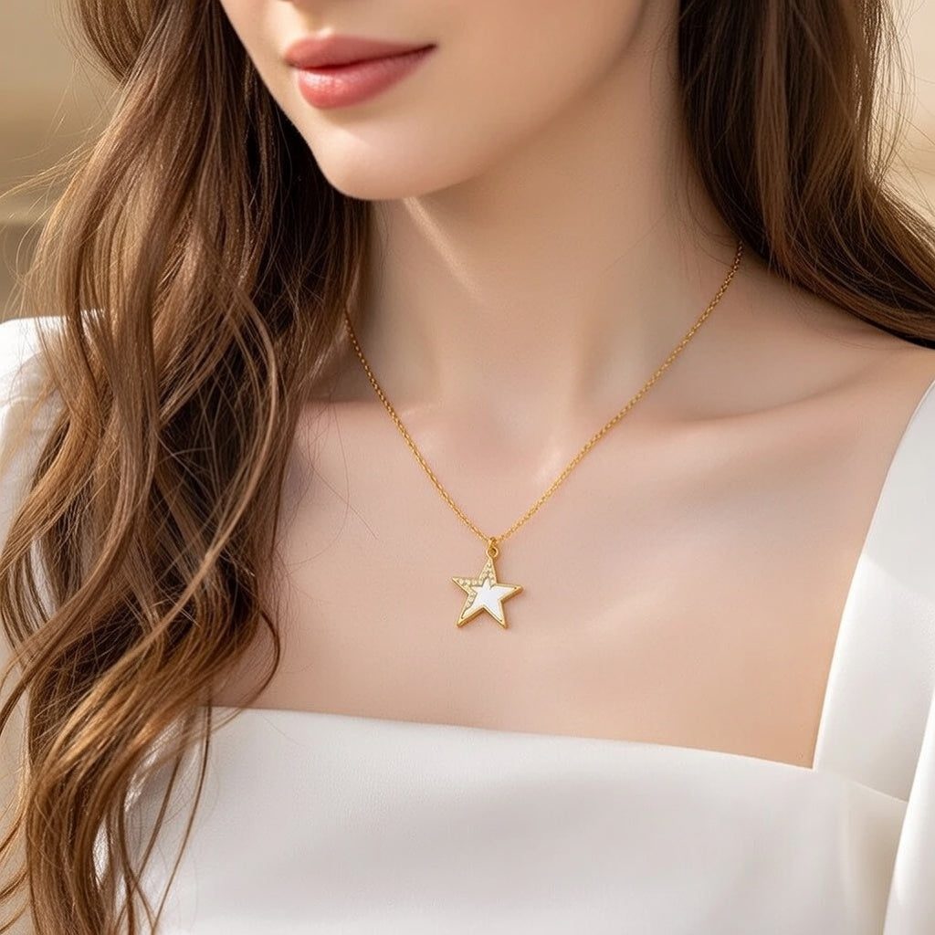 Rock Star, 18K Gold Plated Stainless Steel Vacuum Electroplating Star Design Pendant Chain