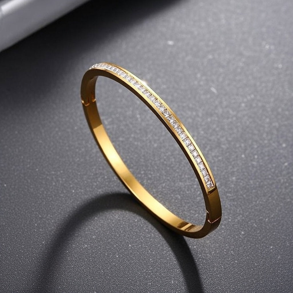 Rose, It Girl Stainless Steel Bangle Bracelet With Rhinestone In-Lab Gold Plating