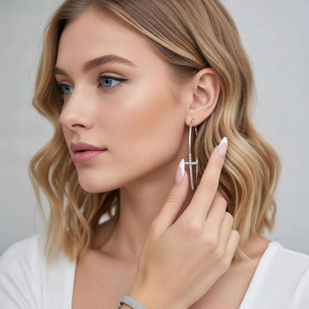 Nyx, Large Hoop Earrings With Cross Inlaid Shiny Diamonds Slim Fit