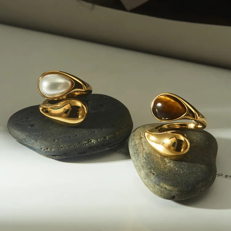 Eliza, Gold Plated Stainless Steel Ion Plating (IP) Pearl Tiger Eye Geometric Waterproof Non Tarnish Open Rings