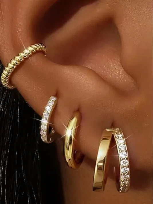 (SET OF 4) High Trend Gold Plated Brass Zircon Round Circle Small Hoop Earrings