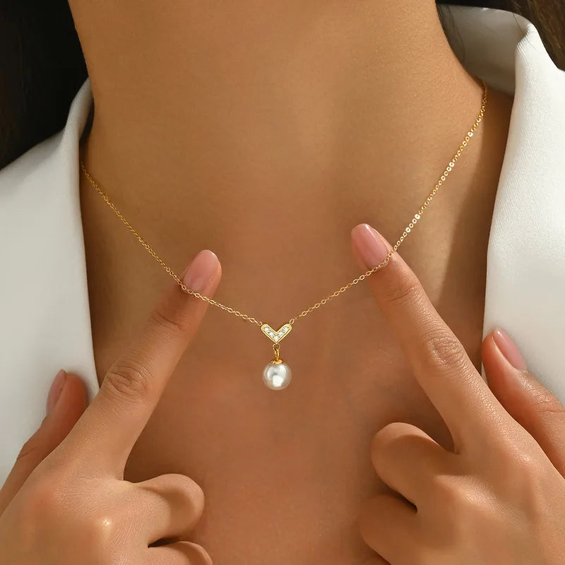 Harlow, Milad Style V-Shaped Diamond-Studded Pearl Necklace, Stainless Steel Clavicle Chain Design, 18K Real Gold Plated Vacuum Electroplated Ball Chain Pendant