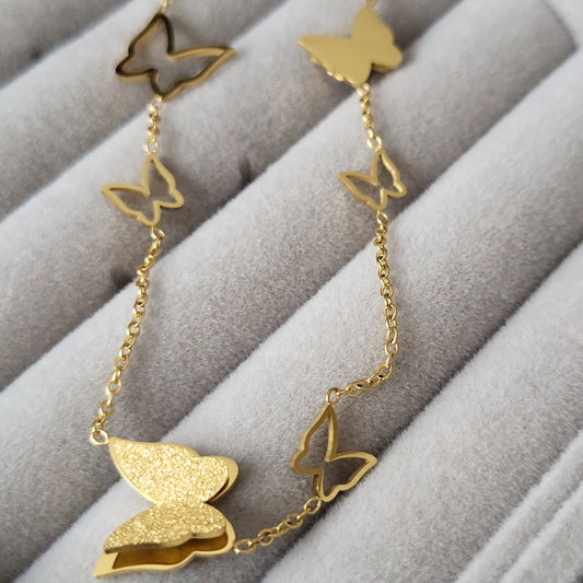 Elegant Four Quad Butterfly Insect Stainless Steel Plating Inlay Zircon Pendant Necklace in Gold