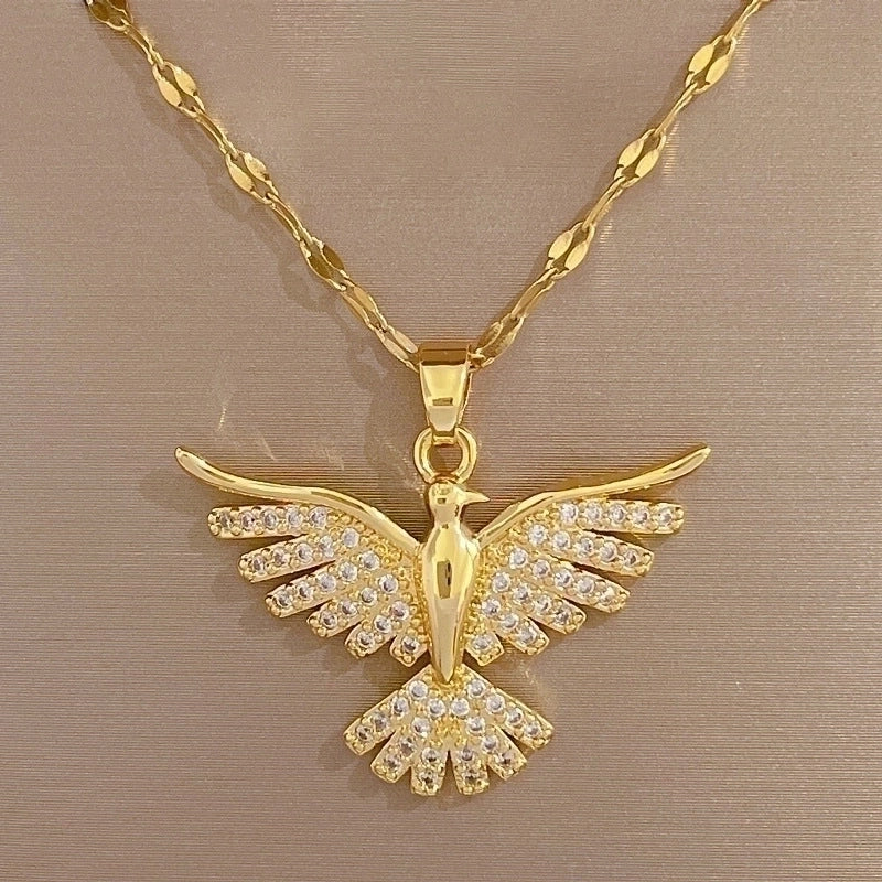 Phoenix Stainless Steel Copper Plating Inlay Rhinestones Pendant Necklace In Gold