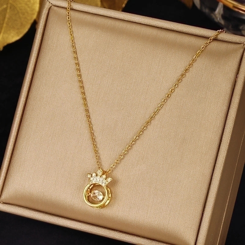 Circle Crown Stainless Steel Plating Inlay Zircon Pendant Necklace Gold