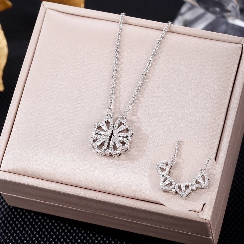 Silver Cluster Clover Stainless Steel Plating Inlay Zircon Pendant Necklace Silver