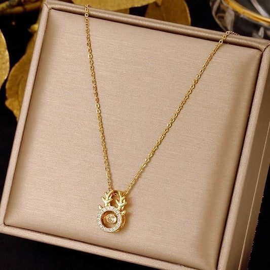 Deer Style Stainless Steel Plating Inlay Zircon Pendant Necklace Gold