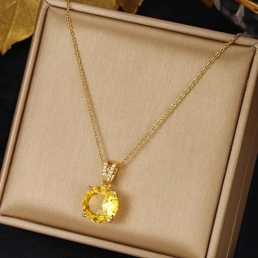 Yellow Stone Stainless Steel Plating Inlay Zircon Pendant Necklace