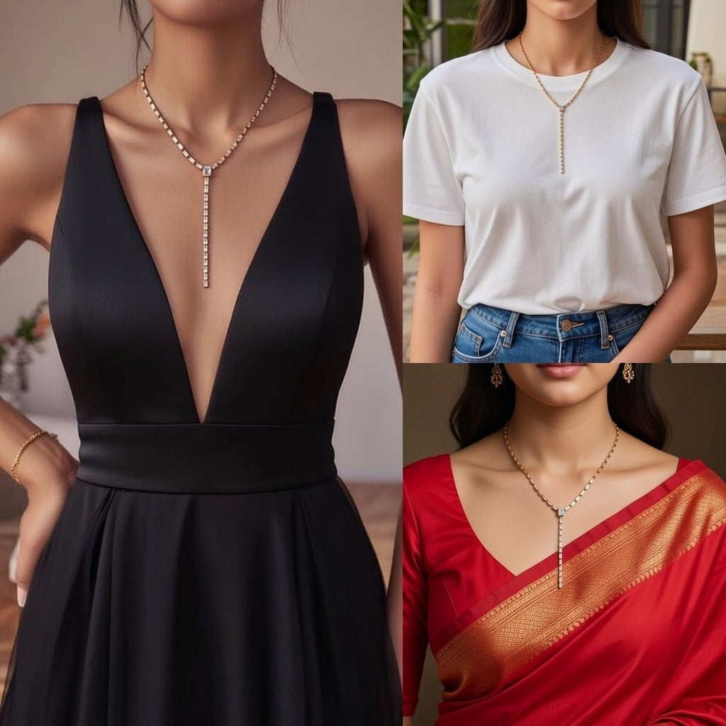 18K Gold Stainless Steel Zirconia Square Y-Chain Necklace 40+5cm Vacuum Plated Real Gold Pendant