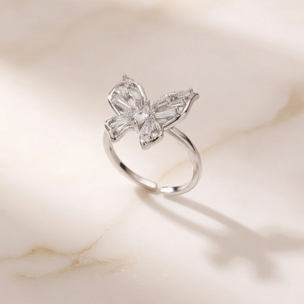 Rachel, Silver butterfly open ring Plated ( FITS LIKE 6/7/8 )