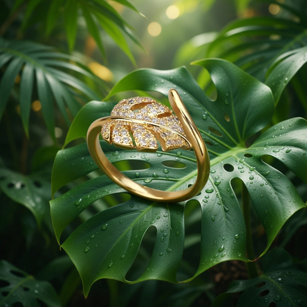 Sophie, Stainless Steel Leaf Design PVD Coated / Gold Plated Elegant Retro Lady Waterproof Non Tarnish Plating Open Rings in Gold