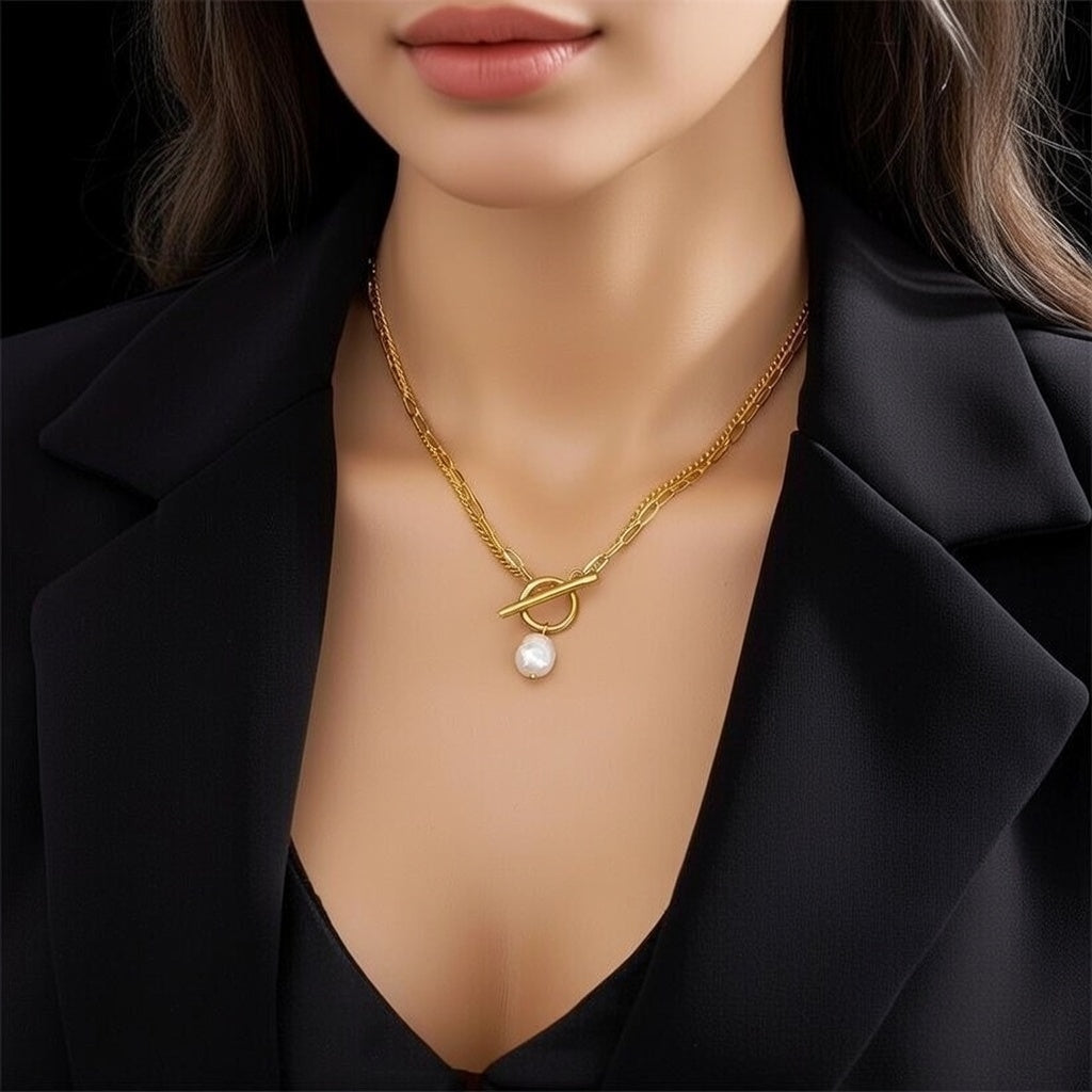 Faux Pearl Titanium Steel Layered Gold Plated Artificial Pearls Pendant Necklace