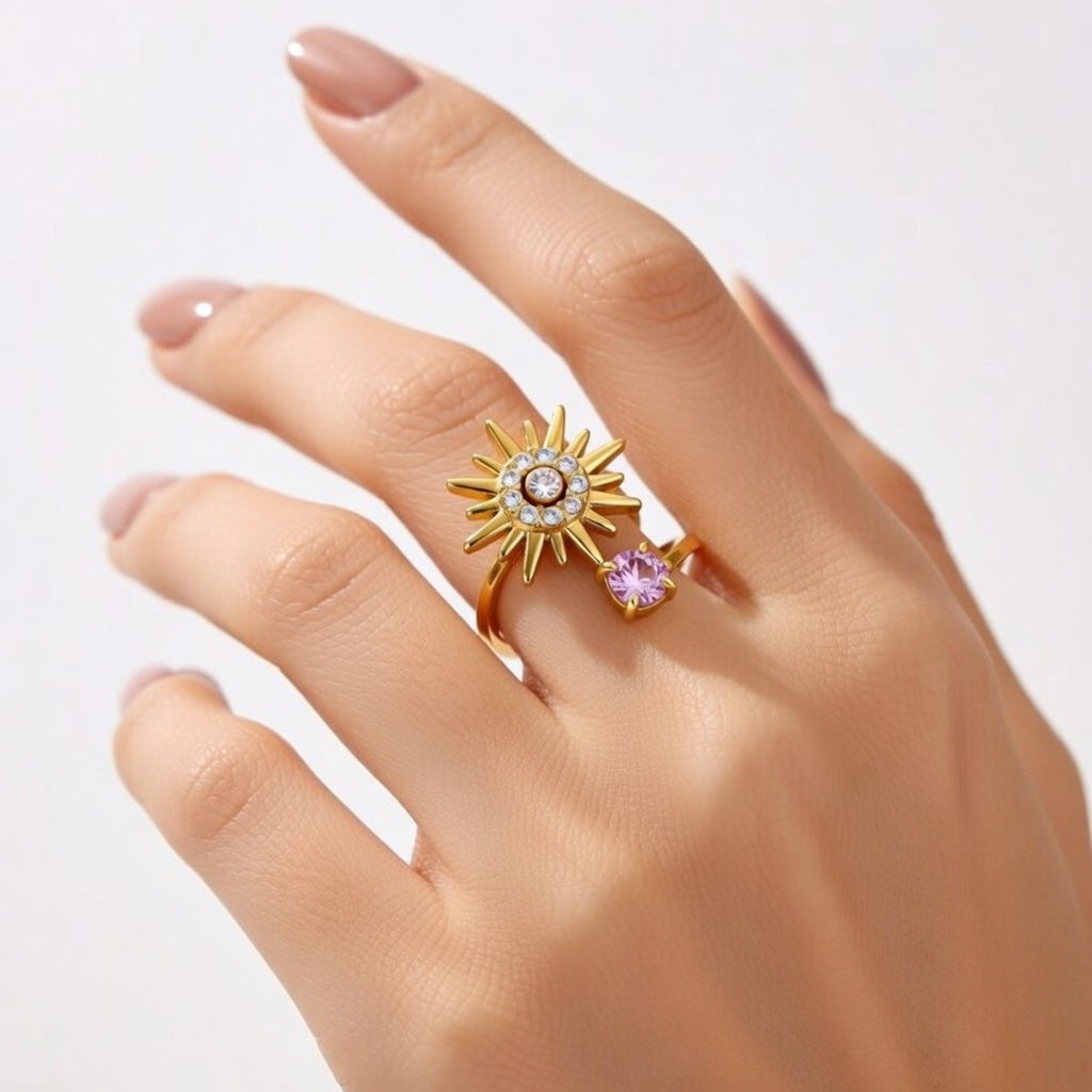 Alba, Open Ring Stainless Steel Material Flower Burst Diamond Inlaid, Gold Plating