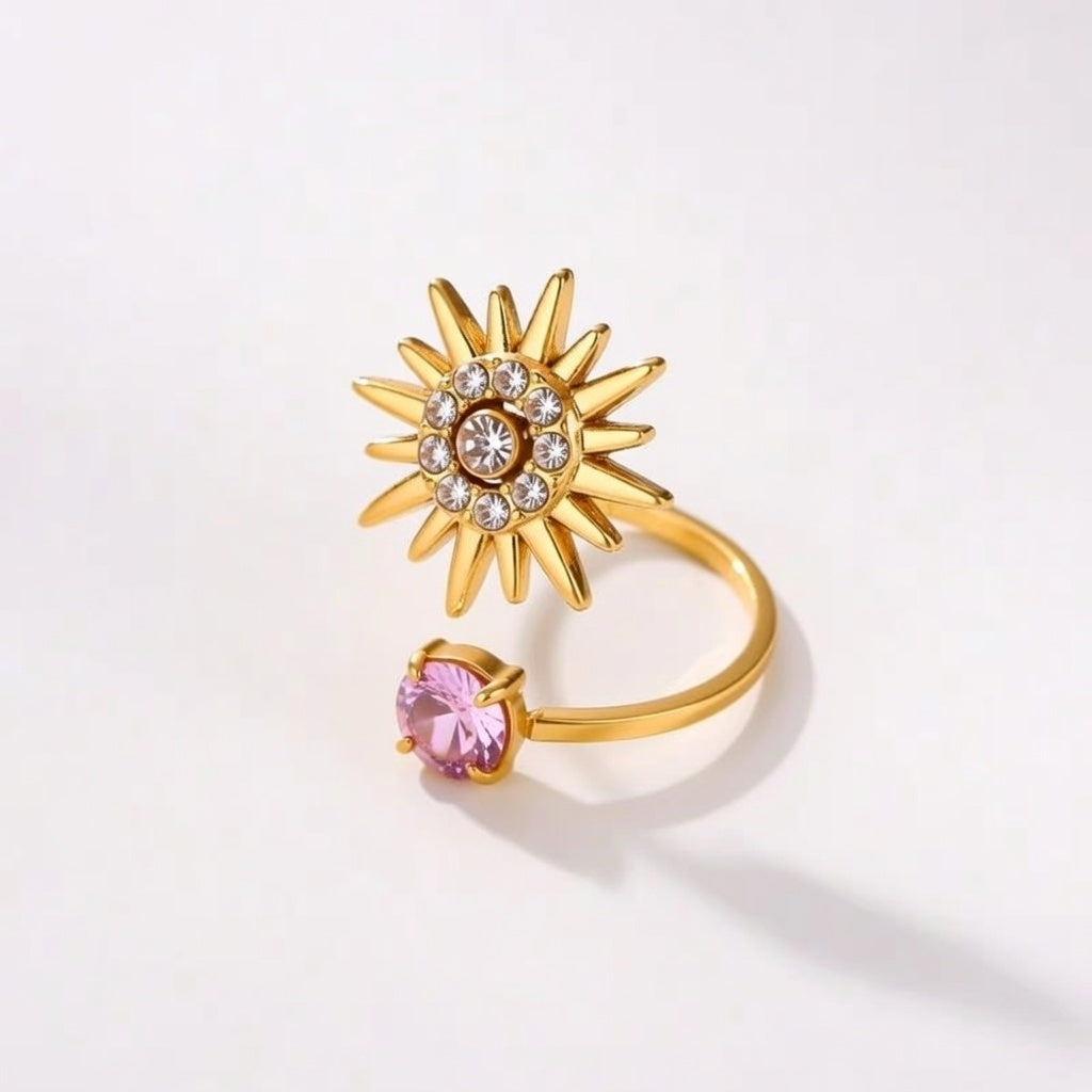 Alba, Open Ring Stainless Steel Material Flower Burst Diamond Inlaid, Gold Plating