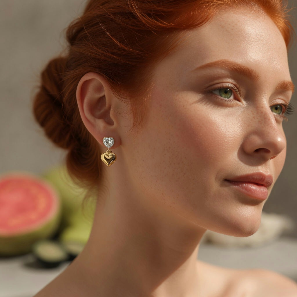 Asia, Real Gold Plated Stainless Steel PVD Coated Heart Shape Drop Ear Studs For Women's
