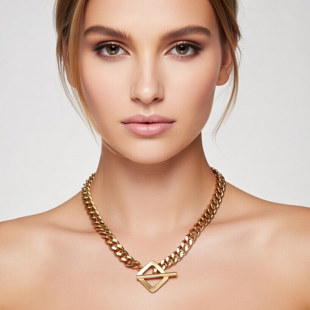 Daisi, Hip-Hop Style PVD Coated 18K Gold Plated Geometric Stainless Steel Necklace