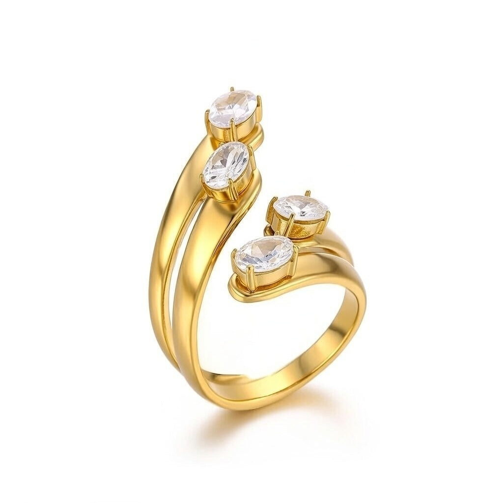 Kiara, Open Style Stainless Steel  Diamond Inlaid, Gold Plated Ring for women