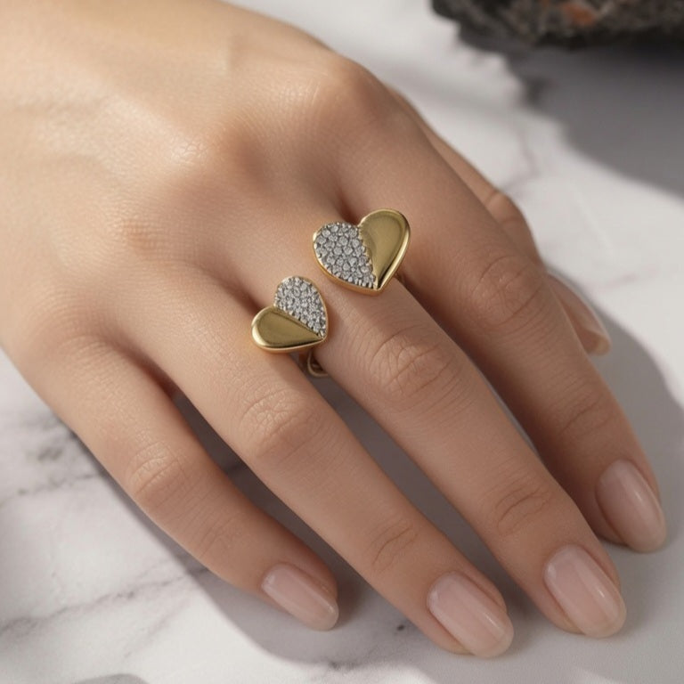 Fashionable Open Ring Design Diamond Embedded Double Heart