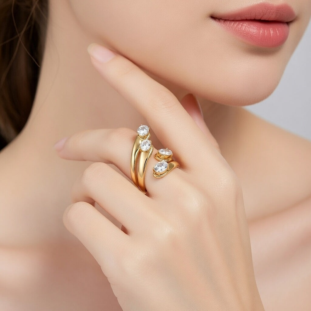 Kiara, Open Style Stainless Steel  Diamond Inlaid, Gold Plated Ring for women