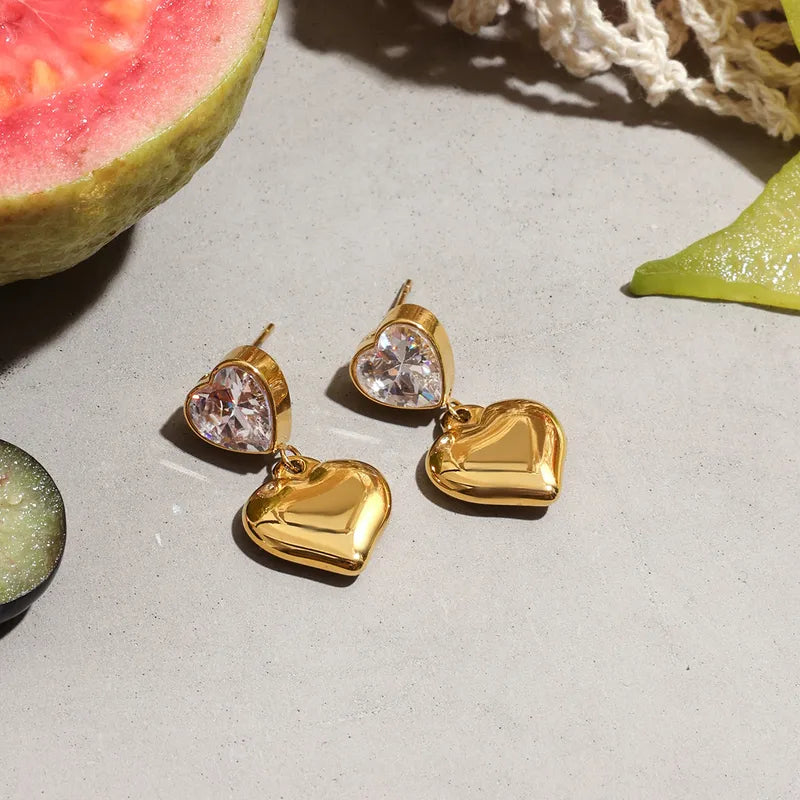 Asia, Real Gold Plated Stainless Steel PVD Coated Heart Shape Drop Ear Studs For Women's