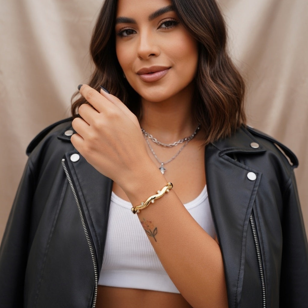 Jamila, Studded Gold Plated, PVD coated bangle bracelet