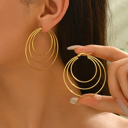 Stainless Steel Versatile Casual Party Women's Earrings Multi-Layer Circle Hoops Fashionable Daily Wear