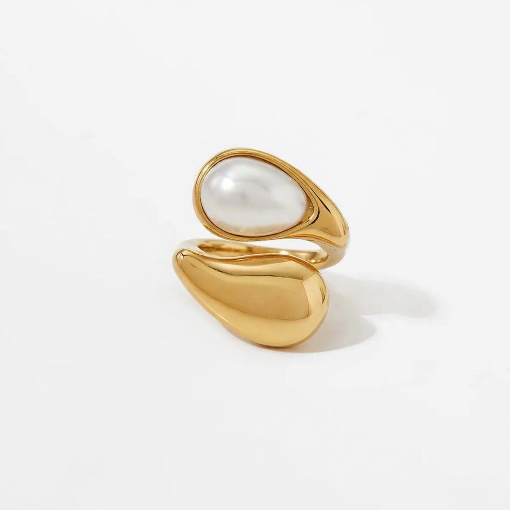 Eliza, Gold Plated Stainless Steel Ion Plating (IP) Pearl Tiger Eye Geometric Waterproof Non Tarnish, Open Rings