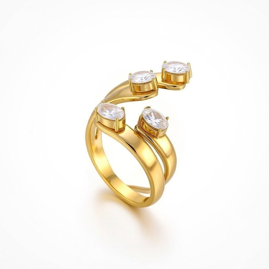 Kiara, Open Style Stainless Steel  Diamond Inlaid, Gold Plated Ring for women
