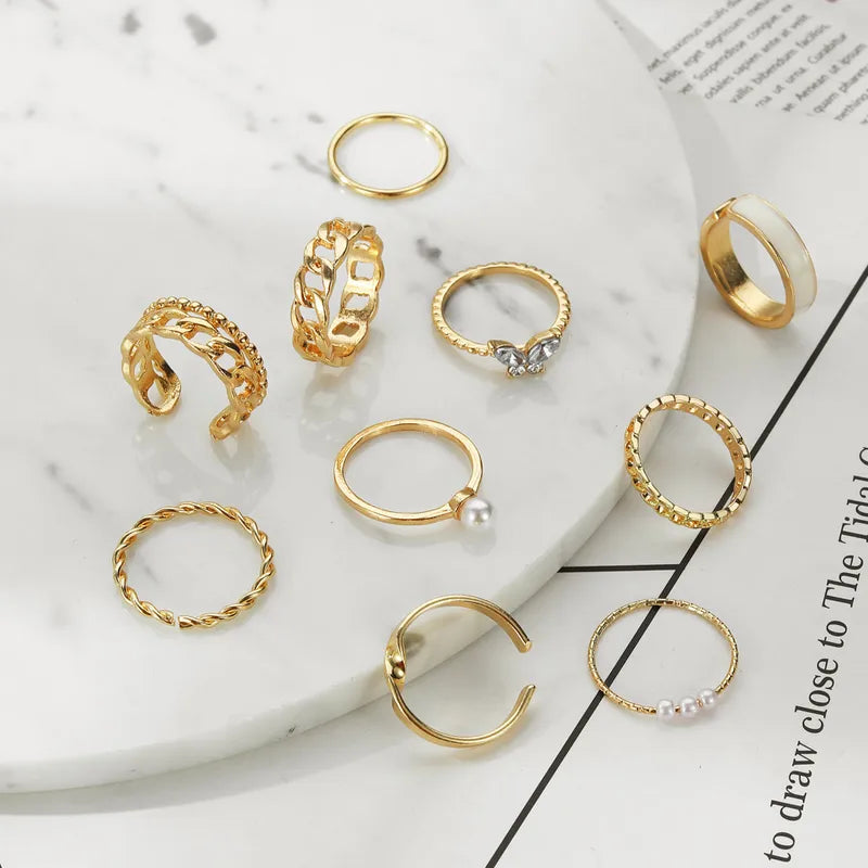 (9 Piece Ring Set) Simple Style Geometric Alloy Plating Inlay Artificial Pearls Rhinestones for Women