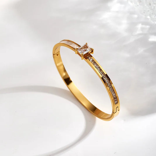 City Girl 18K Gold Plated Stainless Steel, Vacuum Electroplating Shell, Zircon Round Line Polished, Casual Flip Open, For Women