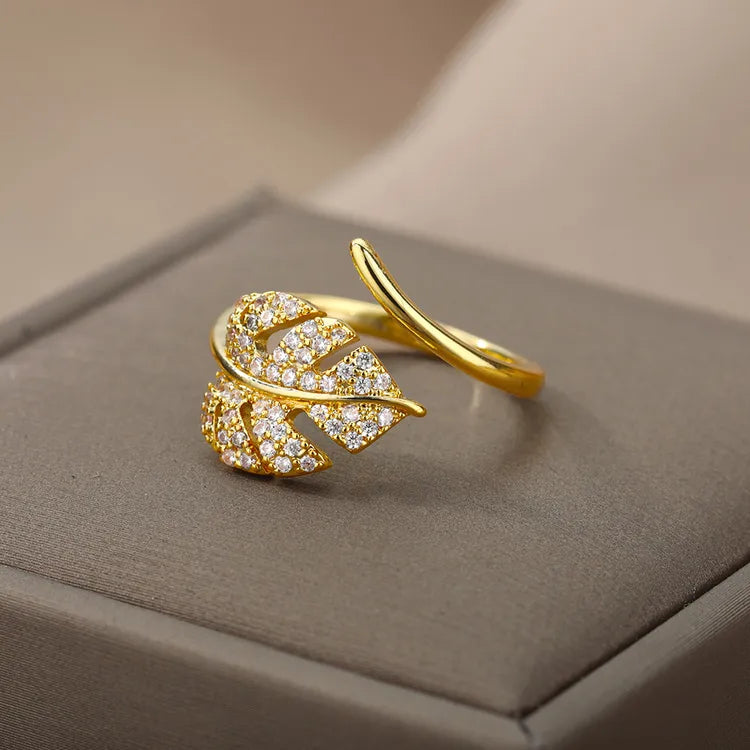 Sophie, Stainless Steel Leaf Design PVD Coated / Gold Plated Elegant Retro Lady Waterproof Non Tarnish Plating Open Rings in Gold