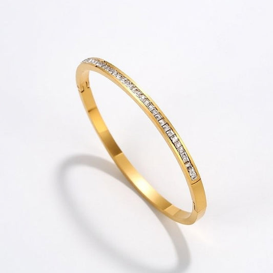 Rose, It Girl Stainless Steel Bangle Bracelet With Rhinestone In-Lab Gold Plating