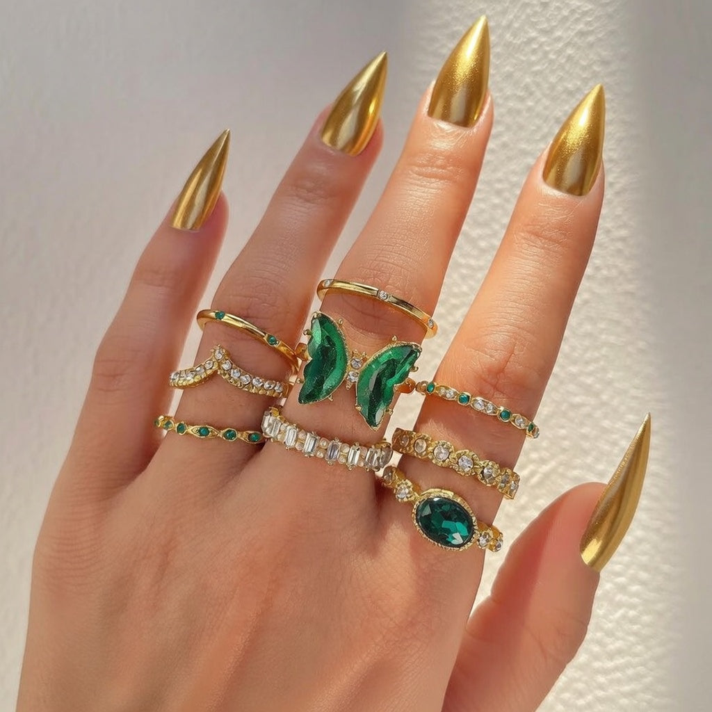 Emerald, Personalized Creative Green Collection Open Ring Set,  9-Piece Stackable