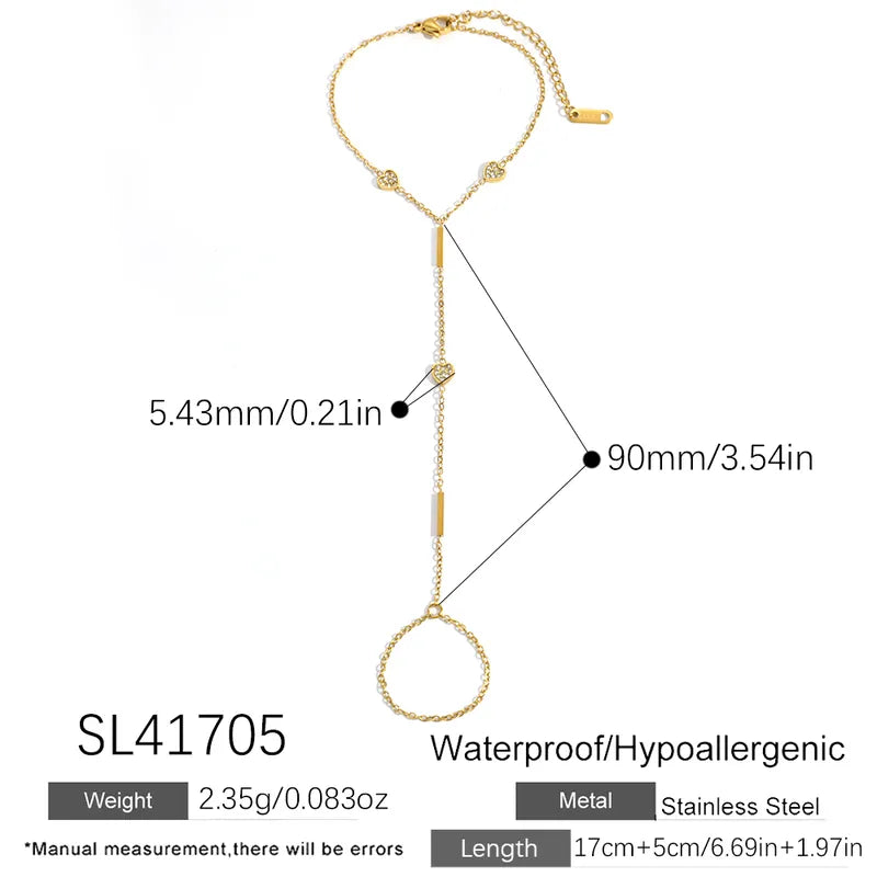 Heart-Shaped Full Diamond Geometric Line O-Chain, 18K Gold Plated, Stainless Steel Vacuum Electroplated Back Of Hand Bracelet Chain