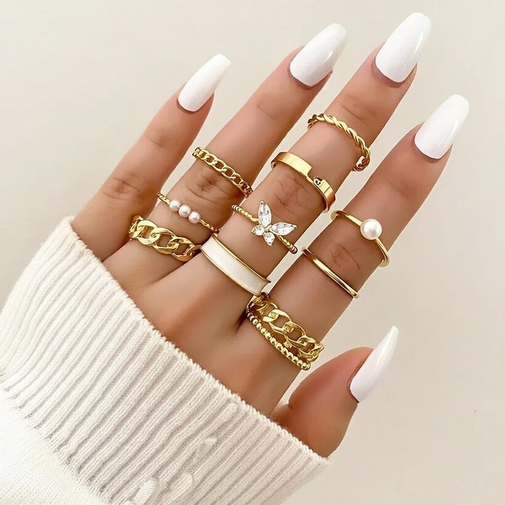 (9 Piece Ring Set) Simple Style Geometric Alloy Plating Inlay Artificial Pearls Rhinestones for Women