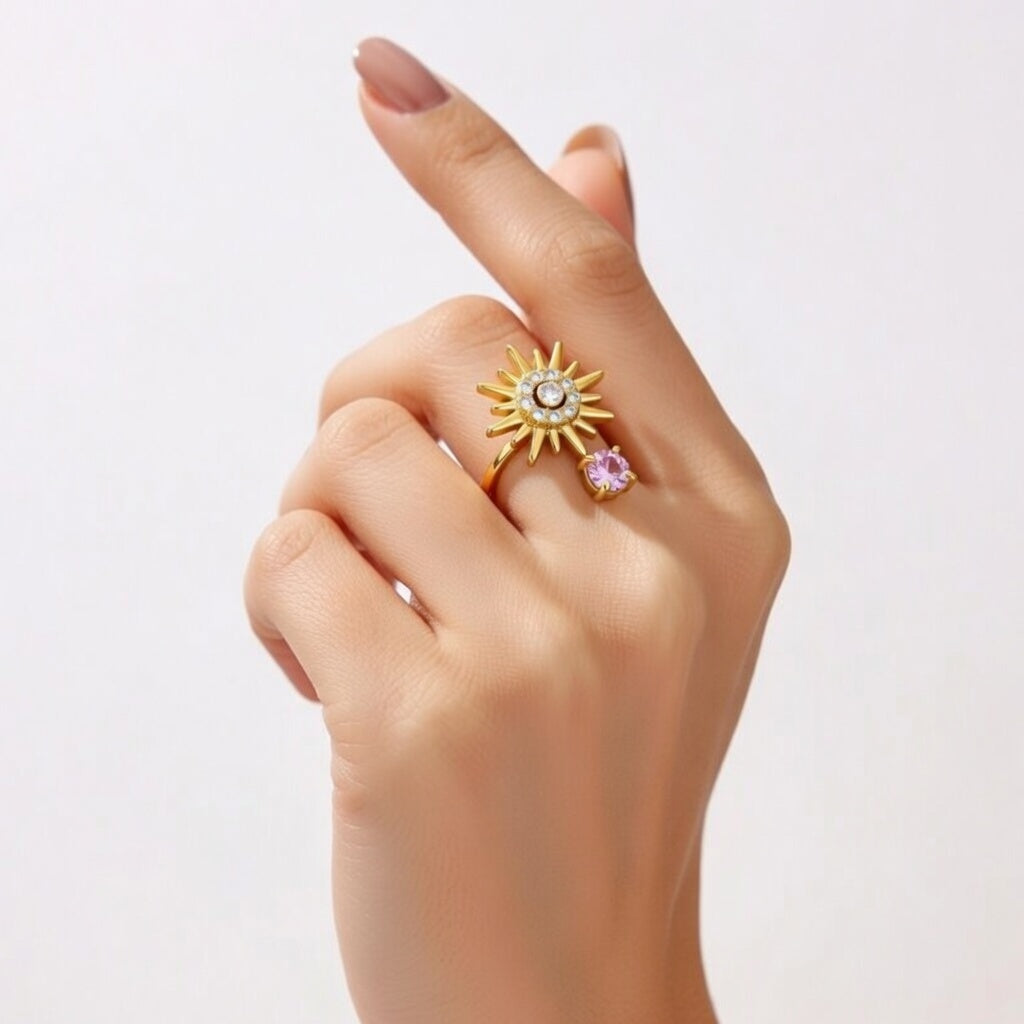 Alba, Open Ring Stainless Steel Material Flower Burst Diamond Inlaid, Gold Plating