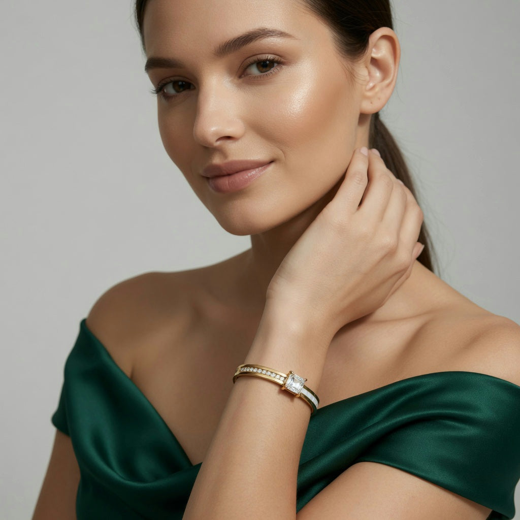 Gemini,  18K Gold Plated Stainless Steel, Vacuum Electroplating, Zircon Round Line Polished, Casual Flip Open, For Women