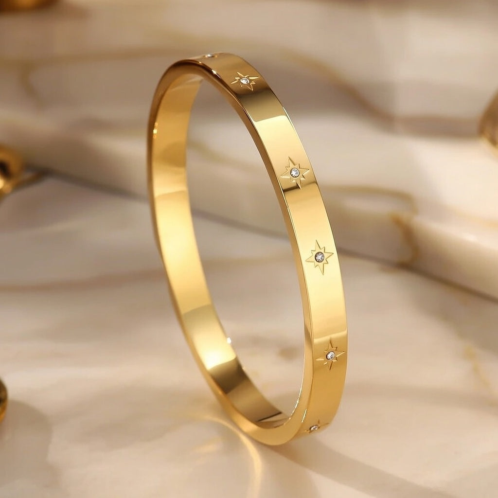 Shinning Star Design Bangle Bracelet, Gold Plated Stainless Steel Glass
