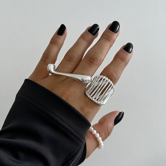 Double finger droplet style, open ring Gold Plated Stainless Steel with PVD Coated Waterproof Non Tarnish Plating in silver