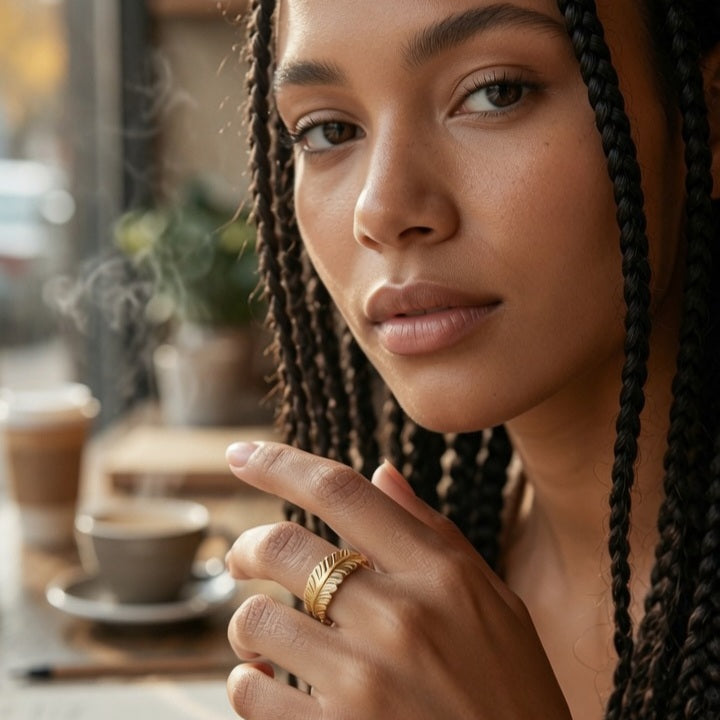 Feather Style 18K gold plated Stainless steel open ring for her
