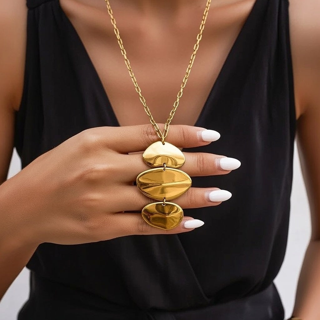 Summer Girl 18K Gold Stainless Steel / Irregular 3-Layer Round Pendant Necklace 60+5CM Neclace