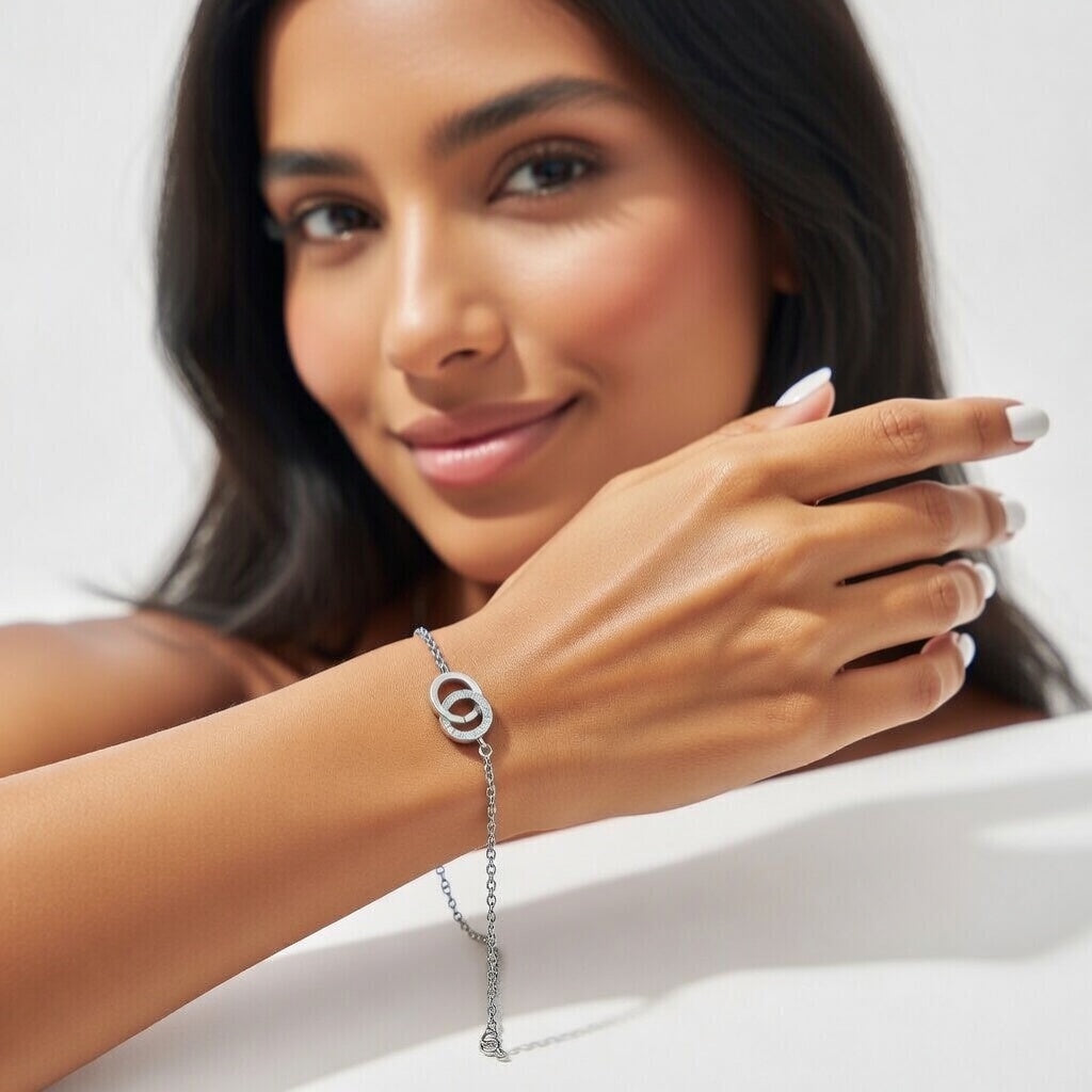 Alessandra, Double Ring Star Studded Bracelet, Stainless Steel 14K Gold Plated Zircon, Vacuum Electroplated Waterproof Non-Fading Bracelet in Silver