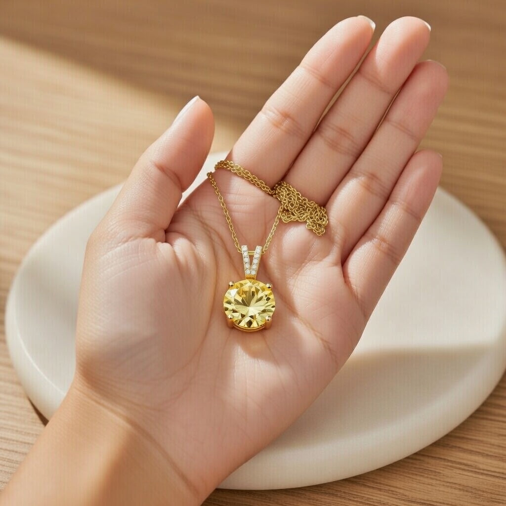 Cindy, Yellow Stone Stainless Steel Plating Inlay Zircon Pendant Necklace
